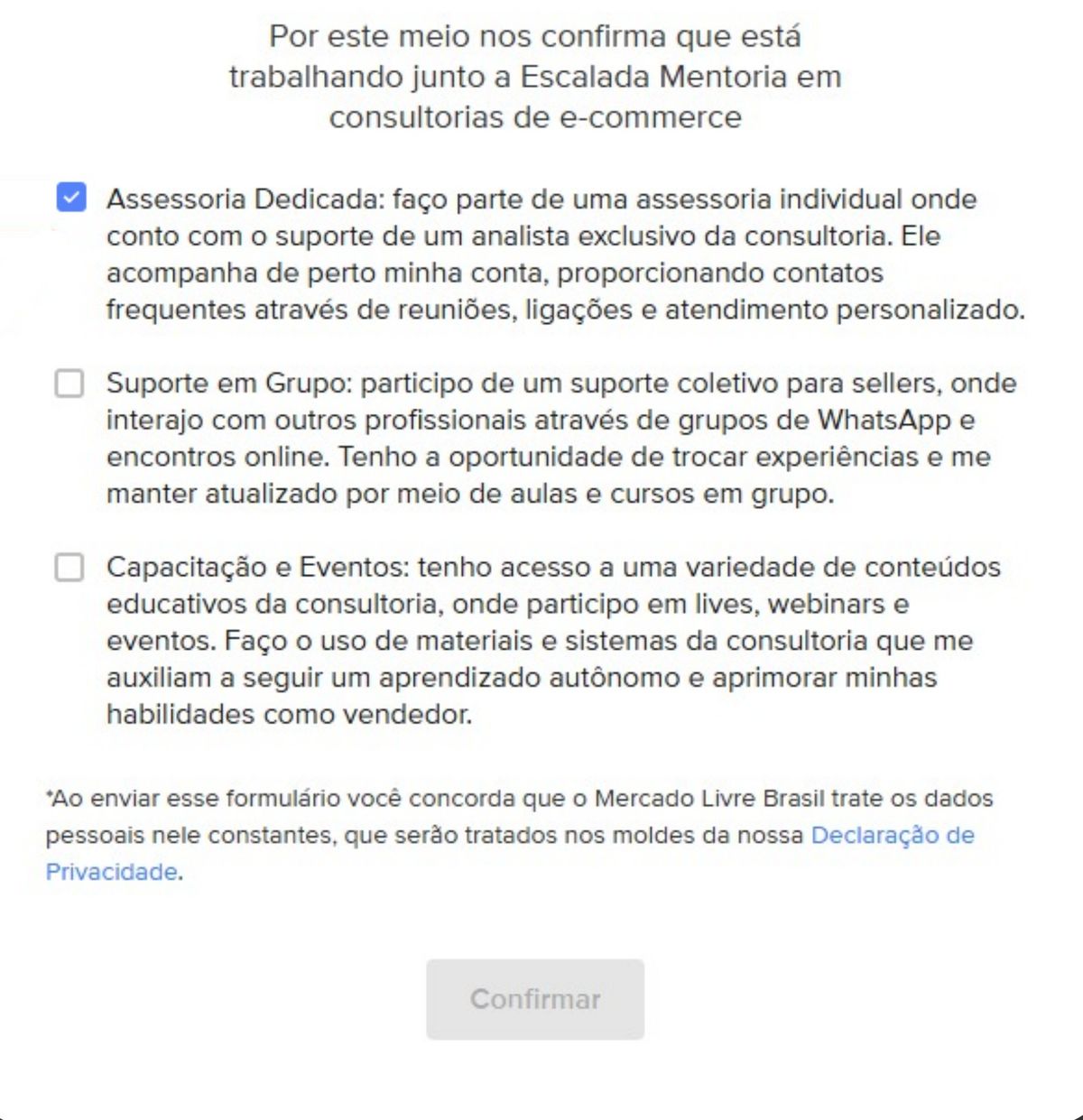 Formulário do Mercado Livre com a opção Assessoria Dedicada marcada