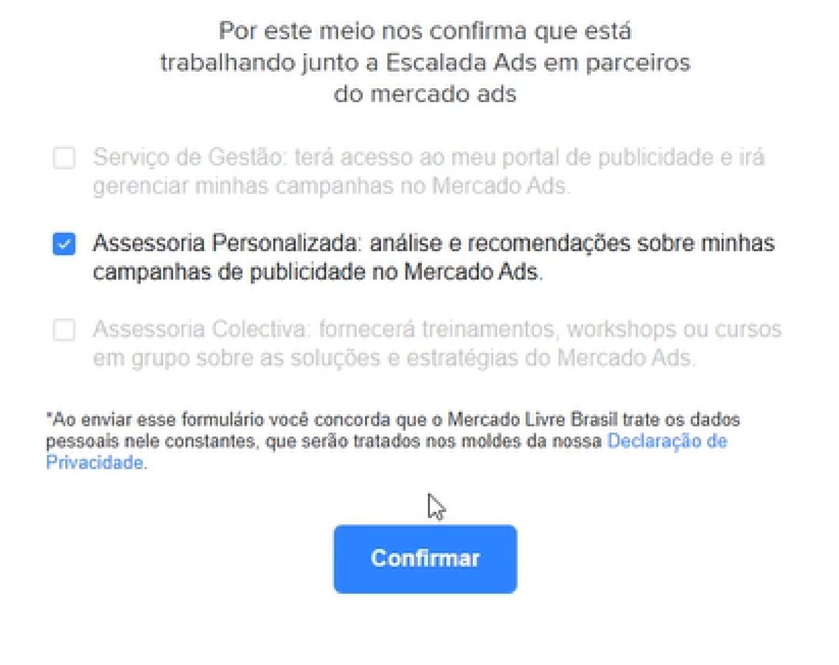 Formulário do Mercado Ads com a opção Assessoria Personalizada marcada e o botão Confirmar